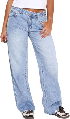 Women's Baggy Mid Low Waist Jeans Wide Straight Leg Loose Boyfriends Denim Jeans in Saudi Arabia