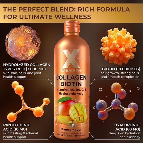 Liquid Collagen Peptides with Biotin & Hyaluronic Acid - Biotin 10000mcg, Hydrolyzed Collagen Type 1 and 3, Vitamins B5, B6, C & E - Liquid Collagen for Women and Men, Hair Skin and Nails Supplements in Saudi Arabia