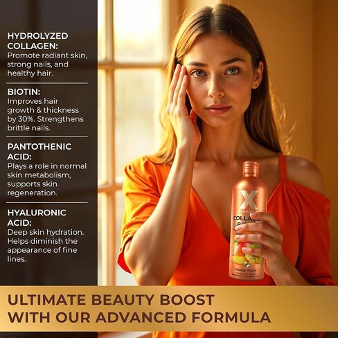 Liquid Collagen Peptides with Biotin & Hyaluronic Acid - Biotin 10000mcg, Hydrolyzed Collagen Type 1 and 3, Vitamins B5, B6, C & E - Liquid Collagen for Women and Men, Hair Skin and Nails Supplements in Saudi Arabia