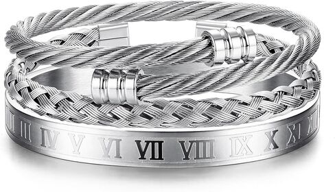 3PCS Bangle Bracelets for Men Stainless Steel Luxury Roman Numeral Bangle Bracelet Adjustable Cuff Bracelet Set Silver/Gold/Black in Saudi Arabia