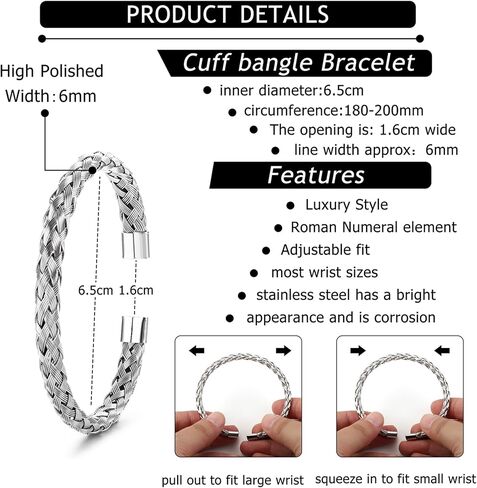 3PCS Bangle Bracelets for Men Stainless Steel Luxury Roman Numeral Bangle Bracelet Adjustable Cuff Bracelet Set Silver/Gold/Black in Saudi Arabia