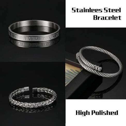 3PCS Bangle Bracelets for Men Stainless Steel Luxury Roman Numeral Bangle Bracelet Adjustable Cuff Bracelet Set Silver/Gold/Black in Saudi Arabia