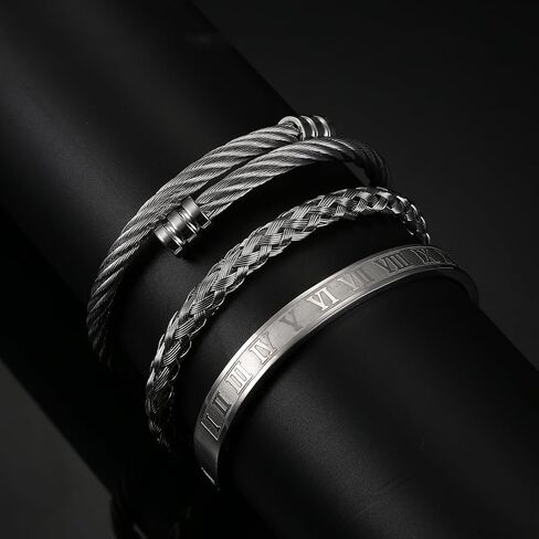 3PCS Bangle Bracelets for Men Stainless Steel Luxury Roman Numeral Bangle Bracelet Adjustable Cuff Bracelet Set Silver/Gold/Black in Saudi Arabia