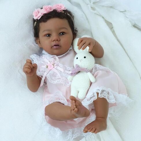 Angelbaby Realistic African American Reborn Baby Dolls Black Girl 19 Inch Life Like Sleeping Newborn Real Silicone Baby Doll Brown Skin Bebe Reborn Ethnic Alive Doll Sets Girl Boy Toys Birthday Gift in Kuwait