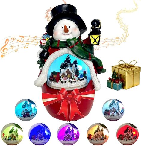 Animated Snowman Christmas Village (LED Lighted Snowman) (Rotating Train & Music) (Christmas Decoration) Resin Snowman Figurines Home Decor Gift (7.1" H x 4.5" W x 3.9" D) in Saudi Arabia