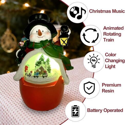 Animated Snowman Christmas Village (LED Lighted Snowman) (Rotating Train & Music) (Christmas Decoration) Resin Snowman Figurines Home Decor Gift (7.1" H x 4.5" W x 3.9" D) in Saudi Arabia