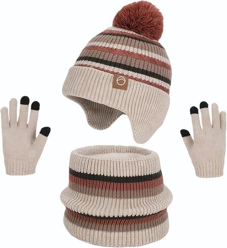 Kids Winter Hat Gloves Scarf Set,Beanies with Earflap Pompom Neck Warmer Touchscreen Gloves Fleece Lined for Boys Girls 4-10Y in Saudi Arabia
