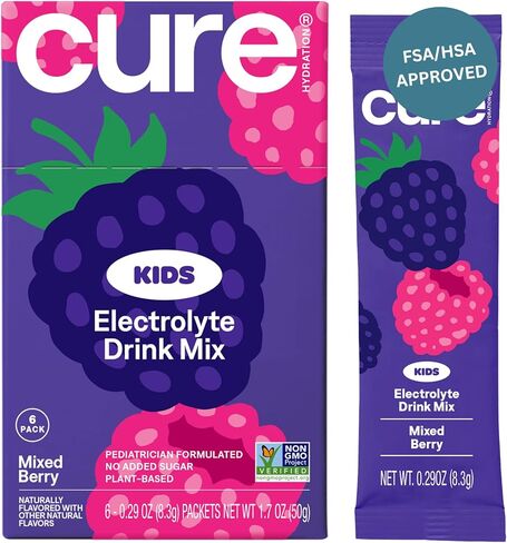 Cure Hydration - Kids Electrolyte Drink Powder Fruit Punch 14 Packets | Pediatrician Formulated, Plant-Based, No Added Sugar, FSA-HSA Eligible, Non-GMO, Gluten Free, No Artificial Flavors in Saudi Arabia