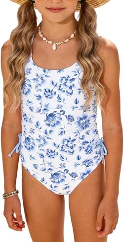 Girl's Cherry Print Swimsuit One Piece Ruched Side Drawstring Summer Beach Bathing Suit in Saudi Arabia