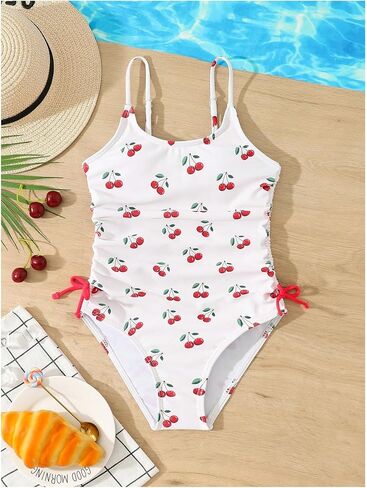 Girl's Cherry Print Swimsuit One Piece Ruched Side Drawstring Summer Beach Bathing Suit in Saudi Arabia