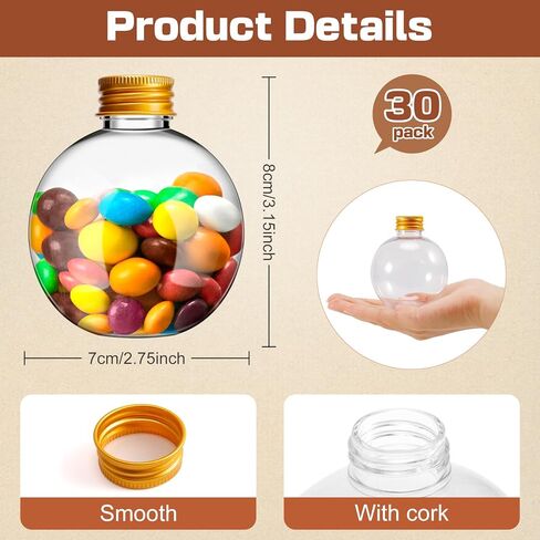 6 oz Ball Shape Plastic Sand Art Bottles,30 Pcs Spherical Plastic Potion Bottles with Funnels,Clear Round Bottles for Christmas Cocktail Ornament DIY Wedding Party (Gold,Aluminum Cap) in Saudi Arabia