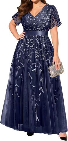 Pinup Fashion Plus Size Formal Dresses - Evening Gowns Wedding Sequin Embroidery V-Neck Prom Long Dress in Kuwait