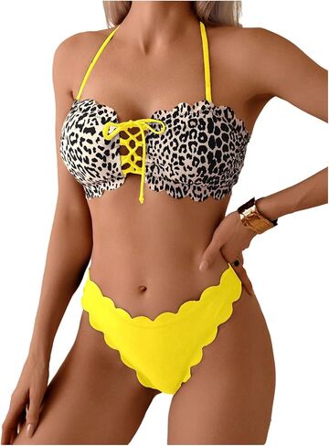 SHENHE Women's Leopard Print Bandeau Bikini Set Scalloped Lace Up Tube Strapless Swimsuits in Saudi Arabia