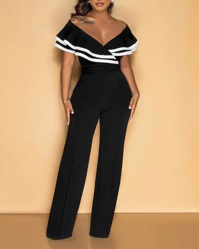 CHICME Women's Sexy Off Shoulder Jumpsuits V Neck Ruffle Wide Leg Cocktail Evening One Piece Jumpsuits in Saudi Arabia