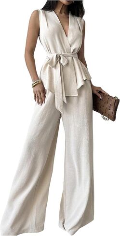 Verdusa Women's 2 Piece Old Money Clothes Tie Waist Wrap Vest with Dress Pants Clothing Sets in Saudi Arabia