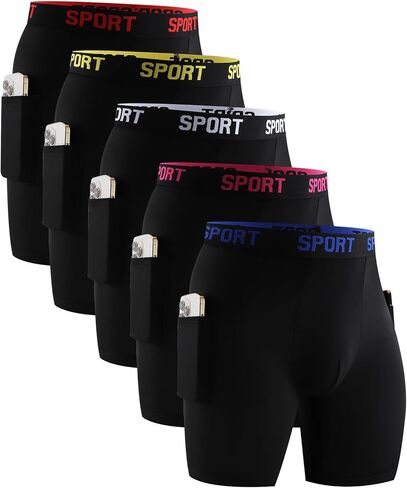 Men’s Boxer Briefs with Side Pockets, Underwear for Men, Breathable Moisture-Wicking Athletic Boxer Shorts, 5 Pack in Kuwait