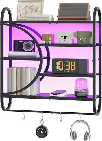 HOOBRO Gaming Floating Shelves with LED Lights, 28.9" LED Wall Mounted Shelf, 5-Tier Display Rack for Wall Storage, Floating Rack with Hanging Rod and 4 S-Hooks, for Game Room, Black BB50DBJ01 in Saudi Arabia