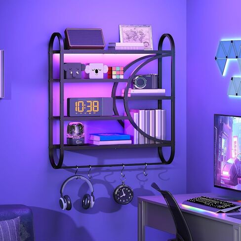 HOOBRO Gaming Floating Shelves with LED Lights, 28.9" LED Wall Mounted Shelf, 5-Tier Display Rack for Wall Storage, Floating Rack with Hanging Rod and 4 S-Hooks, for Game Room, Black BB50DBJ01 in Saudi Arabia