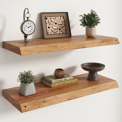 RICHFOCUS Live Edge Elm Floating Shelves - 30" W x 9.3" D Rustic Solid Wood Wall Shelves with Invisible Bracket, Wall-Mounted for Living Room, Bedroom, Kitchen Storage & Display, Set of 2, Natural in Saudi Arabia