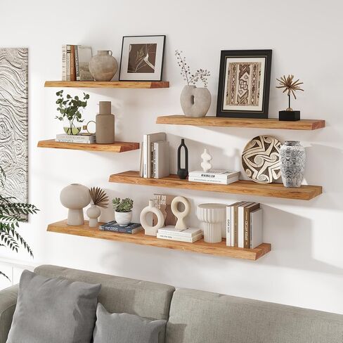 RICHFOCUS Live Edge Elm Floating Shelves - 30" W x 9.3" D Rustic Solid Wood Wall Shelves with Invisible Bracket, Wall-Mounted for Living Room, Bedroom, Kitchen Storage & Display, Set of 2, Natural in Saudi Arabia