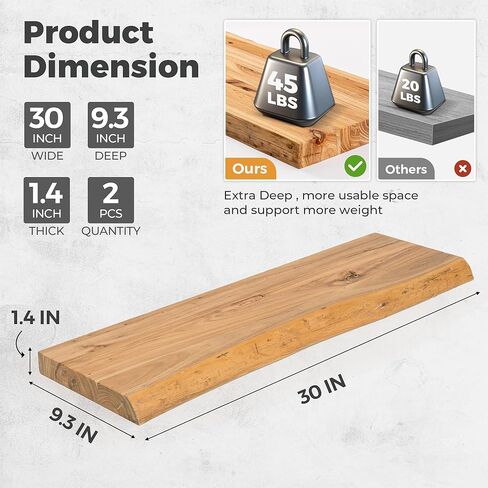 RICHFOCUS Live Edge Elm Floating Shelves - 30" W x 9.3" D Rustic Solid Wood Wall Shelves with Invisible Bracket, Wall-Mounted for Living Room, Bedroom, Kitchen Storage & Display, Set of 2, Natural in Saudi Arabia