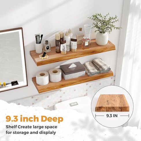 RICHFOCUS Live Edge Elm Floating Shelves - 30" W x 9.3" D Rustic Solid Wood Wall Shelves with Invisible Bracket, Wall-Mounted for Living Room, Bedroom, Kitchen Storage & Display, Set of 2, Natural in Saudi Arabia