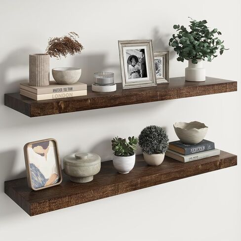 RICHFOCUS Live Edge Elm Floating Shelves - 30" W x 9.3" D Rustic Solid Wood Wall Shelves with Invisible Bracket, Wall-Mounted for Living Room, Bedroom, Kitchen Storage & Display, Set of 2, Natural in Saudi Arabia