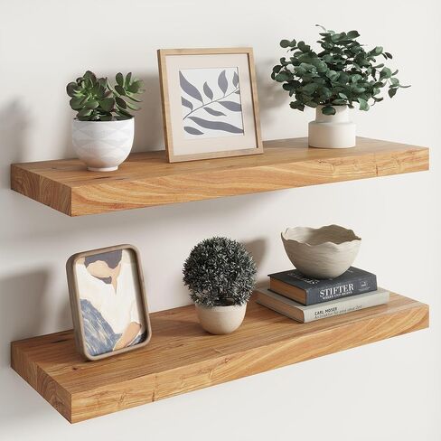 RICHFOCUS Live Edge Elm Floating Shelves - 30" W x 9.3" D Rustic Solid Wood Wall Shelves with Invisible Bracket, Wall-Mounted for Living Room, Bedroom, Kitchen Storage & Display, Set of 2, Natural in Saudi Arabia