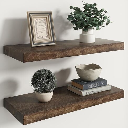 RICHFOCUS Live Edge Elm Floating Shelves - 30" W x 9.3" D Rustic Solid Wood Wall Shelves with Invisible Bracket, Wall-Mounted for Living Room, Bedroom, Kitchen Storage & Display, Set of 2, Natural in Saudi Arabia
