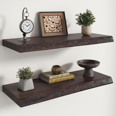 RICHFOCUS Live Edge Elm Floating Shelves - 30" W x 9.3" D Rustic Solid Wood Wall Shelves with Invisible Bracket, Wall-Mounted for Living Room, Bedroom, Kitchen Storage & Display, Set of 2, Natural in Saudi Arabia