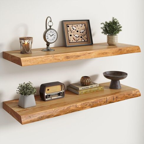 RICHFOCUS Live Edge Elm Floating Shelves - 30" W x 9.3" D Rustic Solid Wood Wall Shelves with Invisible Bracket, Wall-Mounted for Living Room, Bedroom, Kitchen Storage & Display, Set of 2, Natural in Saudi Arabia
