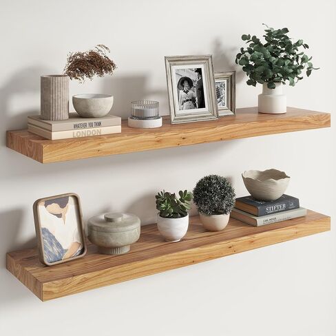 RICHFOCUS Live Edge Elm Floating Shelves - 30" W x 9.3" D Rustic Solid Wood Wall Shelves with Invisible Bracket, Wall-Mounted for Living Room, Bedroom, Kitchen Storage & Display, Set of 2, Natural in Saudi Arabia