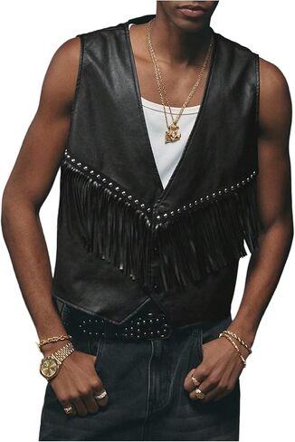 Men's PU Leather Outerwear Vest Y2k Studded Tassel Deep V Neck Western Jacket in Saudi Arabia