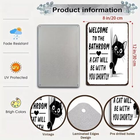 Funnysign Cat Lovers Gifts Welcome To The Bathroom A Cat Will Be with You Tin Sign for Bathroom Toilet Decor 8 X 12 Inch(3996) in Saudi Arabia