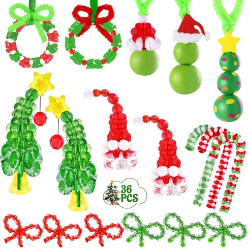 Vellibring 36 Set Christmas Beaded Crafts Ornament Beading Kit Mini Christmas Tree Classic Plastic Hanging Decor DIY Accessories for Xmas Tree Decorations Holiday Prensent Party Supplies in Kuwait