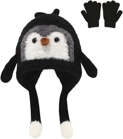 Kids Winter Hats and Gloves Set Cute Animal Penguin Hat Kids beanies Fleece Lining Skiing Caps with Warm Ear Flap 2-12 Years in Saudi Arabia