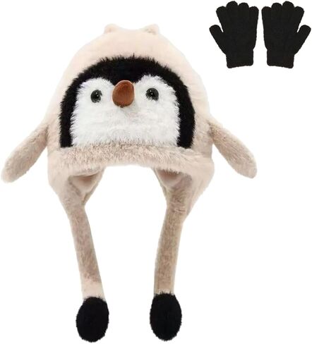 Kids Winter Hats and Gloves Set Cute Animal Penguin Hat Kids beanies Fleece Lining Skiing Caps with Warm Ear Flap 2-12 Years in Saudi Arabia