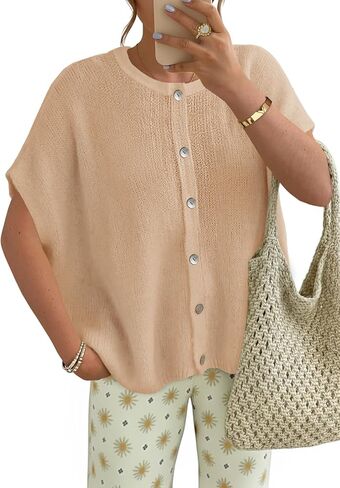 Saodimallsu Womens Oversized Cardigans Summer Short Sleeve Lightweight Knit Button Down Crew Neck Casual Sweater Tops in Saudi Arabia