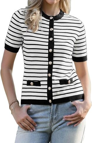 Allegra K Striped Cardigan for Women's Short Sleeve Button Down Knitted Sweater Casual Crew Neck Tops in Saudi Arabia