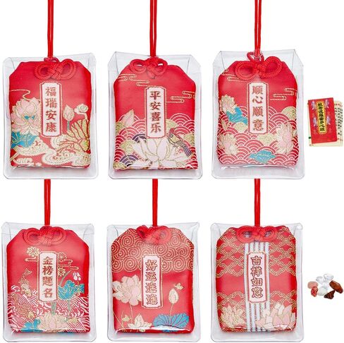 PH PandaHall 6pcs Japanese Omamori Amulets Good Luck Hanging Ornament, Red Blessing Lucky Charm with Lucky Stone and Sutra Books Gift for Health Wealth Success Good Fortune Happiness in Saudi Arabia