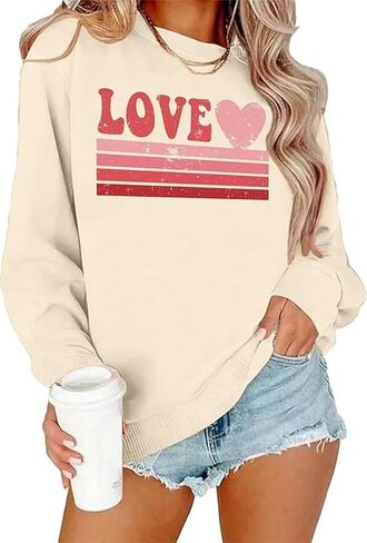 Womens Valentines Sweatshirt Funny Love Heart Long Sleeve Graphic Shirt Casual Pullover Top in Saudi Arabia