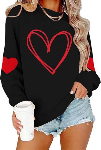 Womens Valentines Sweatshirt Funny Love Heart Long Sleeve Graphic Shirt Casual Pullover Top in Saudi Arabia
