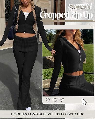 Women's Cropped Zip up Hoodies Long Sleeve Fitted Sweater Pullover Ribbed Knit Casual Trendy Fall Y2k Cardigans in Saudi Arabia