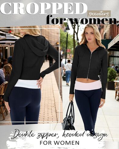 Women's Cropped Zip up Hoodies Long Sleeve Fitted Sweater Pullover Ribbed Knit Casual Trendy Fall Y2k Cardigans in Saudi Arabia