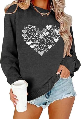 Womens Valentines Sweatshirt Funny Love Heart Long Sleeve Graphic Shirt Casual Pullover Top in Saudi Arabia