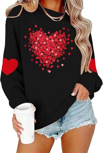 Womens Valentines Sweatshirt Funny Love Heart Long Sleeve Graphic Shirt Casual Pullover Top in Saudi Arabia