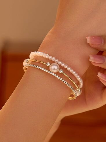 1PC Gold Layered Bangle Bracelet Set for Women, Elegant and Creative Faux Pearl Rhinestone Encrusted Bangle Bracelet for Women - Fashion Party Accessory in Saudi Arabia