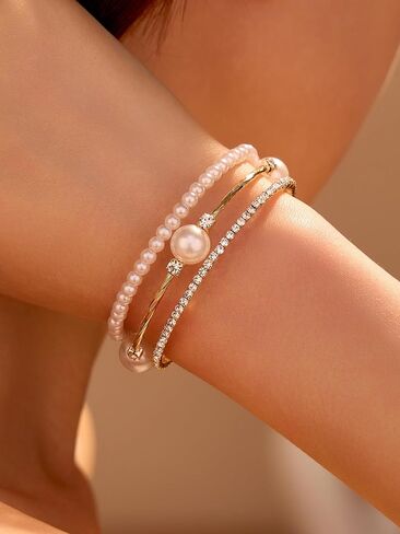 1PC Gold Layered Bangle Bracelet Set for Women, Elegant and Creative Faux Pearl Rhinestone Encrusted Bangle Bracelet for Women - Fashion Party Accessory in Saudi Arabia