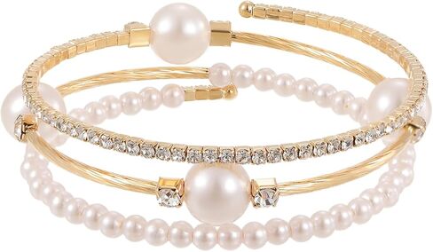 1PC Gold Layered Bangle Bracelet Set for Women, Elegant and Creative Faux Pearl Rhinestone Encrusted Bangle Bracelet for Women - Fashion Party Accessory in Saudi Arabia