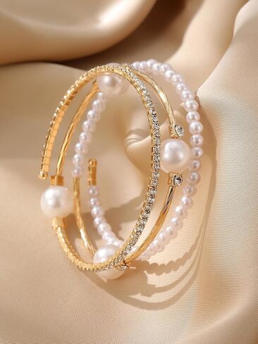 1PC Gold Layered Bangle Bracelet Set for Women, Elegant and Creative Faux Pearl Rhinestone Encrusted Bangle Bracelet for Women - Fashion Party Accessory in Saudi Arabia